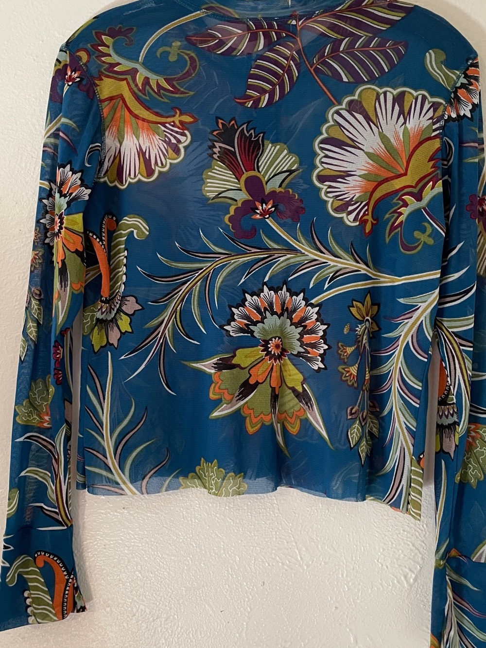 Petit Pois Teal Tropical Floral Sheer Nylon Mesh Blouse Shell Buttons M - Picture 8 of 12